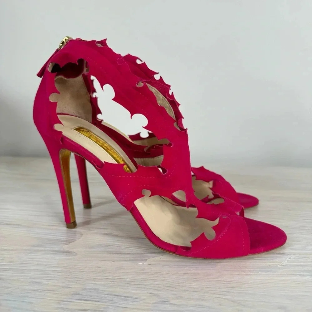 Rupert Sanderson Floria Pink Fuchsia Suede Cutout Peep Toe Heeled Sandals - Picture 5 of 16